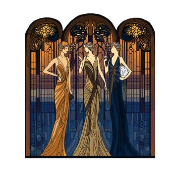 Stained glass window in art deco style of three women in evening gowns, 1920s era flapper ladies