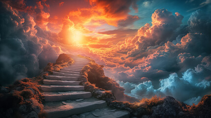 Mystical ancient stone staircase ascending through vibrant cloudscape towards a radiant sunset, symbolizing journey, aspiration, or enlightenment concepts, Easter - obrazy, fototapety, plakaty