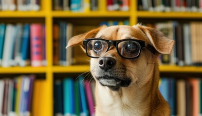 A dog in glasses in a school library with books