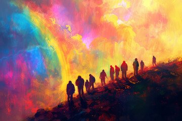 A group of people in front of a rainbow in the style of an oil painting