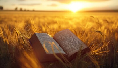 An open Bible in a wheat field at sunset