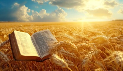 An open Bible in a winding wheat field in the sun