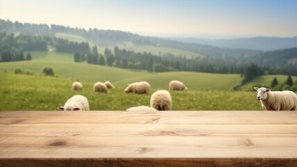 The empty wooden brown table top with blur background of sheep pasture. Exuberant image. generative AI