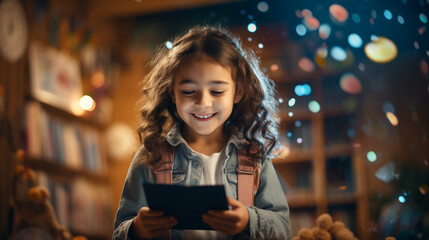 Happy kid using tablet at classroom. Technology concept. Generative AI.
