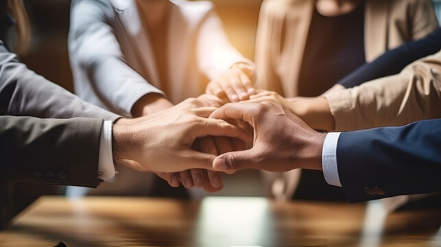 Teamwork, unity concept, group of friends put their hands together, hand together creative agency business brain, Multiethnic Medical Team Stacking Hands, Generative Ai