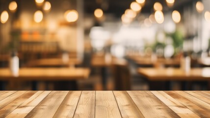 The empty wooden table top with blur background of restaurant. Exuberant image. generative AI