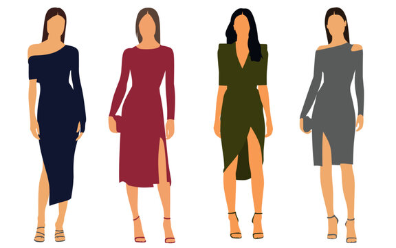 Set of fashion women in party wear short dresses minimalist full vector illustration