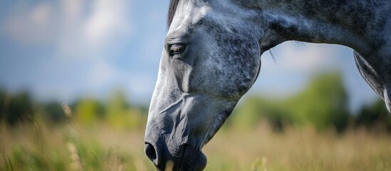 Grey horse close up, licking a salt mineral lick for vitamins on a summer day, promoting health and fitness. - obrazy, fototapety, plakaty