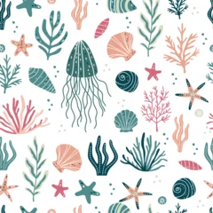 Poster Seamless vector pattern. Cute sea plants starfish seashells jellyfish. Vector illustration © Alena