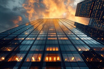Bottom view of modern skyscrapers in business district at sunset.