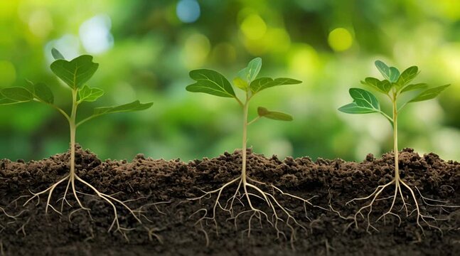 three young seedling plants sprouting from the soil with roots showing Generative AI
