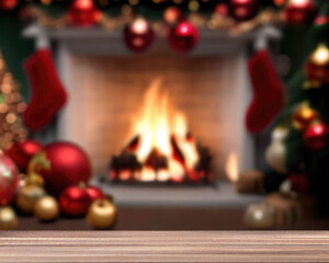 Fototapeta na wymiar Empty wooden table on Christmas ornaments background with fireplace
