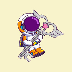 Cute astronaut holding a big key cartoon character