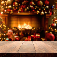 Empty wooden table on Christmas ornaments background with fireplace