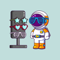 Cute astronaut is standing with set of glasses in background in optical shop