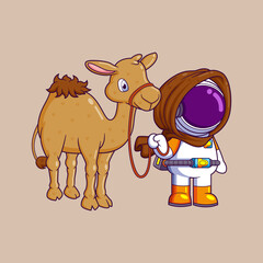 A Astronaut and a camel traveling in the desert caravan