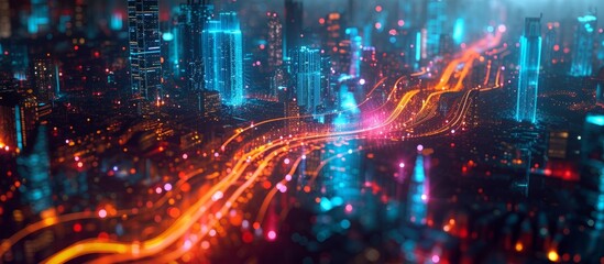 City lights flow with gradient and intricate design, connecting to smart city technology and big data concept.