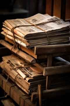 Stack of old newspapers in the library.