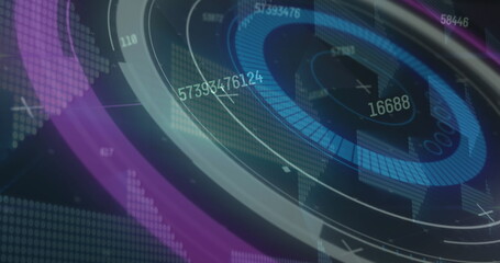 Image of numbers changing and scope scanning over digital arrows