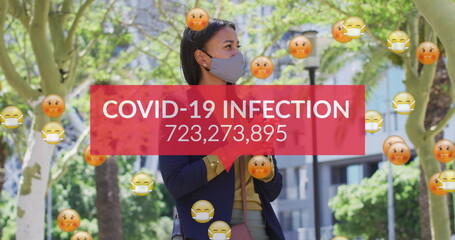 Image of covid 19 infection text and numbers with emojis and woman wearing face mask