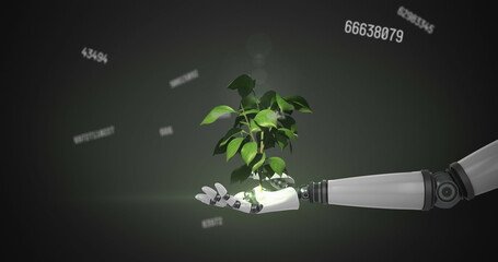 Image of numbers changing over robot's arm with plant