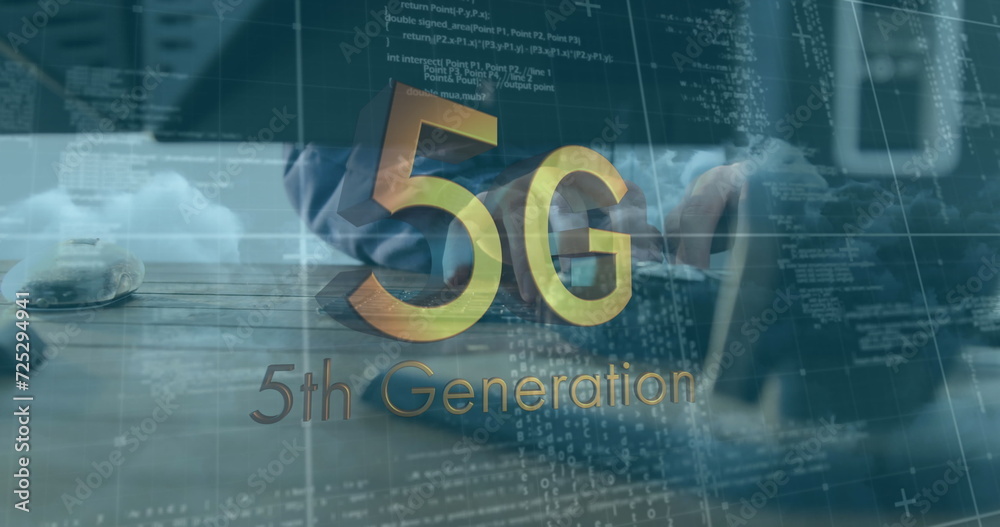 Wall mural Image of 5g 5th generation text over data processing and person using computer in background