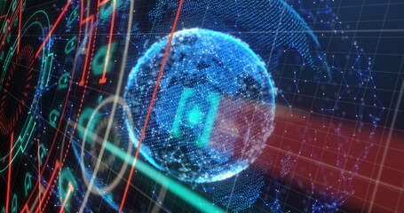 Image of scope scanning and globe with network of connections on grid in background