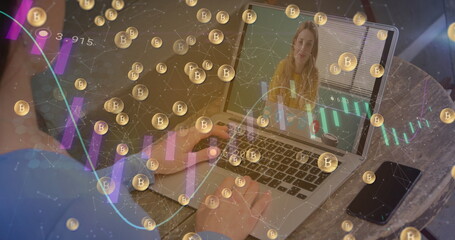 Image of bitcoins and statistics over woman using laptop on image call in background