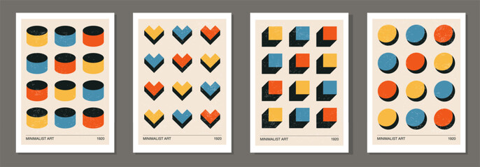 Set of minimalist 20s geometric design posters with primitive shapes