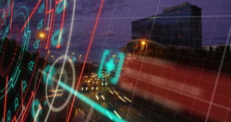 Image of scope scanning over cityscape and grid in background