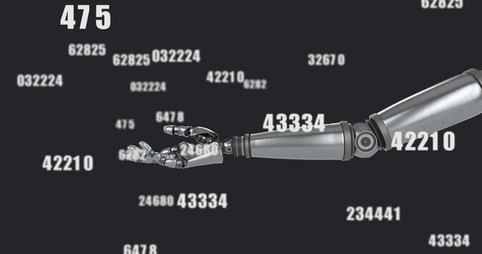 Image of numbers changing over robot's arm on black background