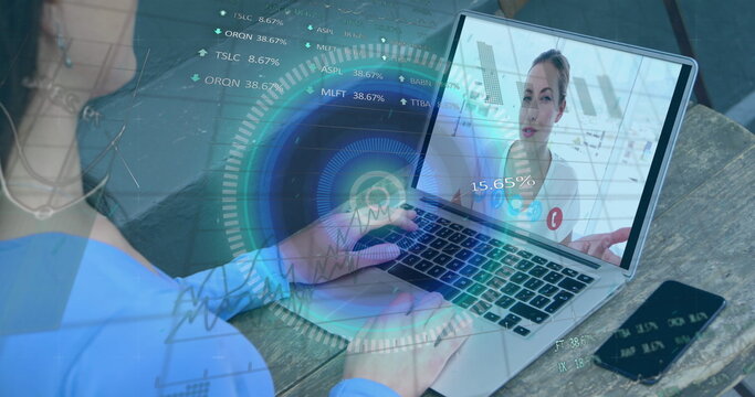 Image of scope scanning and data processing over woman using laptop on image call