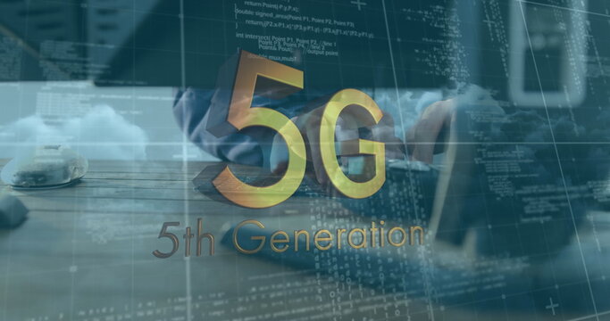 Image of 5g 5th generation text over data processing and person using computer in background