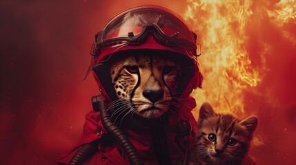 Cheetah in Rescue Uniform with Kitten on Fire Background