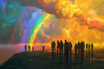 People standing under a rainbow in oil painting style