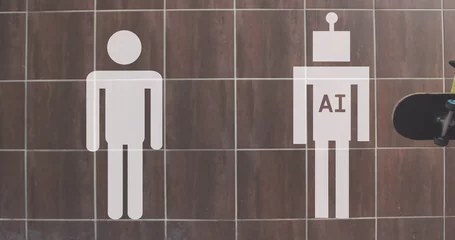 Fotobehang Historisch gebouw Restroom signs depict a human and an AI figure on a tiled wall