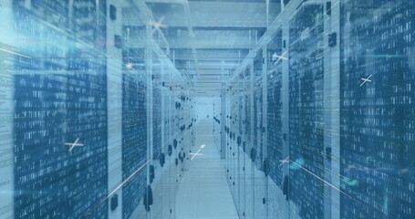Fototapeta premium Image of data processing and markers moving over computer servers