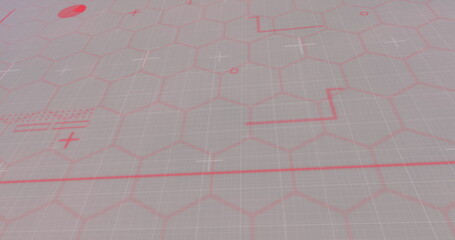 Image of data processing with red lines over red hexagons