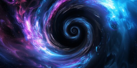 Cosmic black hole, with spiraling colors of blue, purple, and black, converging towards a central point