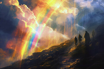 People with rainbow in front of them in oil style