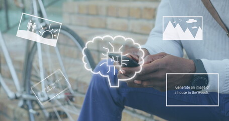 Image of ai data processing over african american man using smartphone