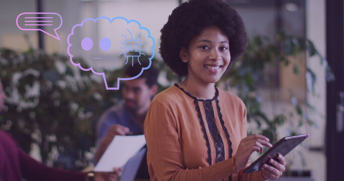 Image of ai data processing over african american woman using tablet