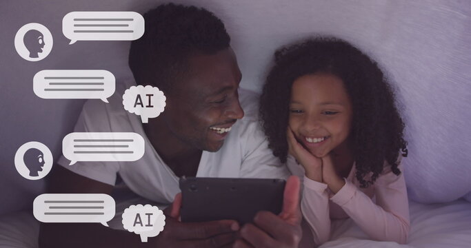 Image of ai data over african american man and biracial daughter using tablet - Powered by Adobe