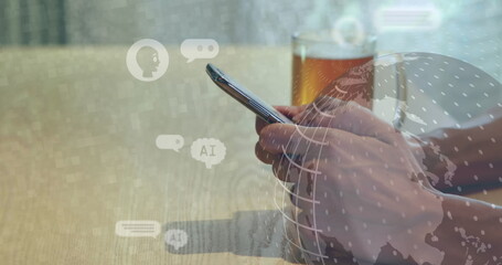 Image of ai data processing and globe over caucasian man using tablet