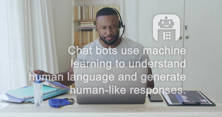 Image of ai data processing over african american businessman using laptop