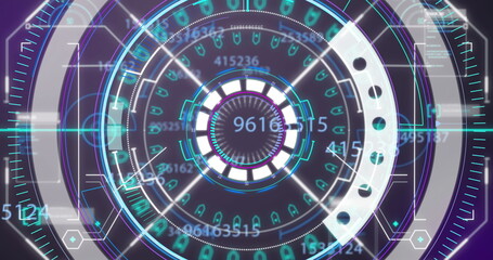 Image of numbers changing, scope scanning and data processing over grid in background