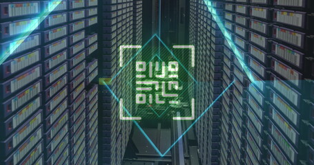 Image of qr code and data processing over computer servers