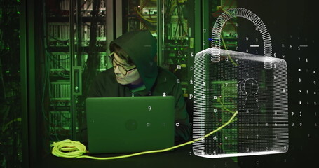 Image of digital padlock over asian man working in server room