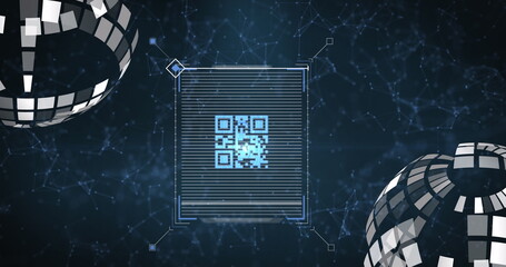 Image of globes and qr code on black background