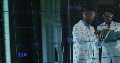 Image of data processing over african american man and woman working in server room